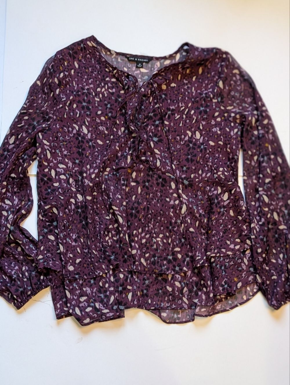 Zac & Rachel Medium Purple Printed Ruffle Blouse Long Sleeve Lightweight Top